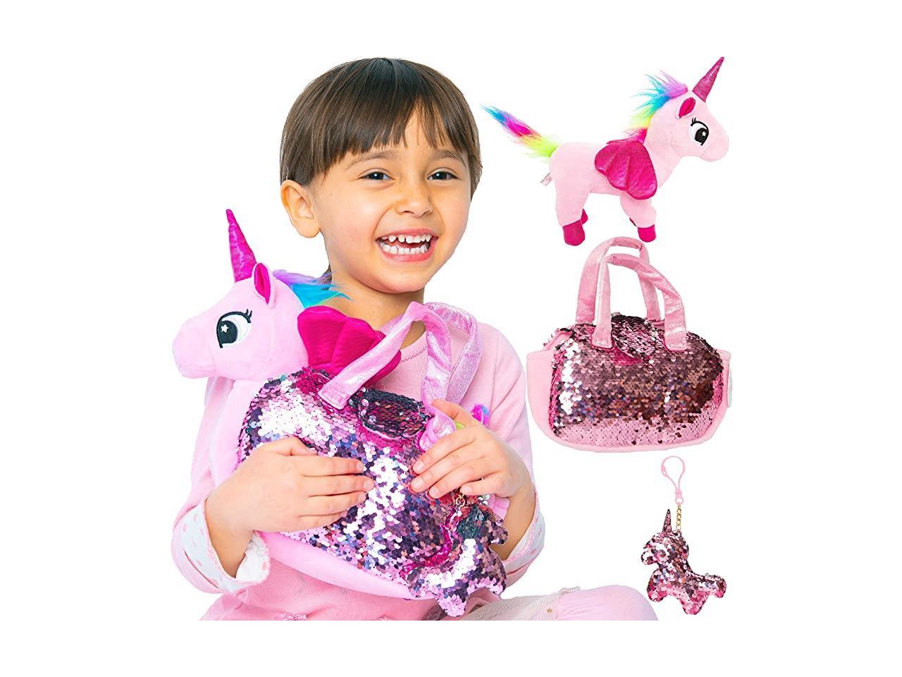Fluffy Unicorn Soft Toy Shoulder Bag Girls Rainbow Pink & Sparkly  Gift