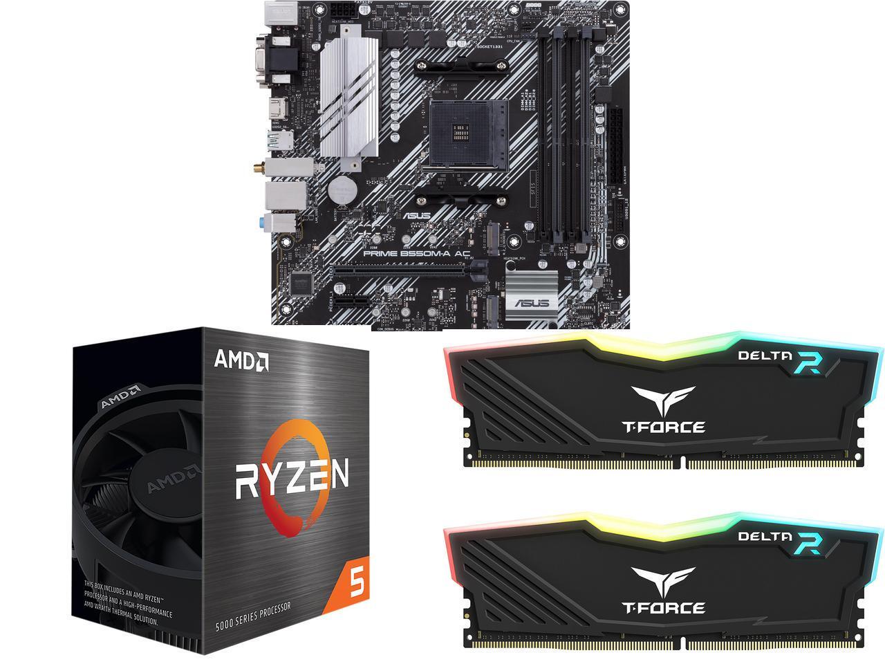 Combo: ASUS PRIME B550M-A AC mATX motherboard, AMD Ryzen 5 5500 CPU, and Team T-Force Delta RGB 16GB RAM