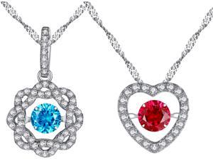 Mabella Flower and Heart Shape Created Blue Topaz and Ruby Value Pack Dancing Pendant Necklace w/ 18" Chain, Valentine's Day Jewelry Gift for Her