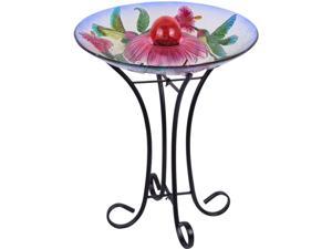 Hi-Line Gift Solar Orb Floral Glass Hummingbird Bird Bath with Stand