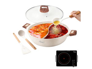 Rosewill 4.2QT Double Flavor Non-sticking Shabu Shabu Hot Pot with Divider, 13 inch Divided Stockpot for Cooking, Hot pot for Induction Cooktop and Gas Stove, Electric Burner, Silicon Soup & Ladle