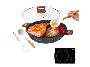 Rosewill 4.2QT Double Flavor Non-sticking Hot Pot with Divider, 13 inch Divided Stockpot for Cooking, Hot pot for Induction Cooktop and Gas Stove, Electric Burner, Silicon Soup & Ladle Included - Gray