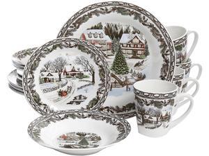 Gibson Christmas Toile 16-Piece Dinnerware Set - Decorated - Fine Ceramic Gibson Christmas Toile 16-Piece Dinnerware Set - Decorated - Fine Ceramic