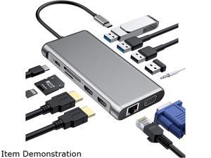 OLOEY USB C HUB, Upgraded 12 in 1 Type C Hub Dongle Adapter, Triple Display Docking Station for Windows&Macbook Pro USB C Systems, macOS (4K Dual HDMI+VGA+RJ45+PD++Micro SD+TF Card Reader+4 USB Ports)