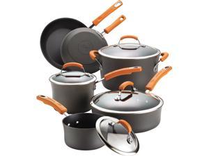 Rachael Ray Hard-Anodized Nonstick 10-Piece Cookware Set, Gray with Orange Handles