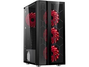 DIYPC Dragon-R-4LED Black USB3.0 Steel /Tempered Glass ATX Mid Tower Gaming Computer Case, 4x120mm Red LED Fans (Pre-Installed)