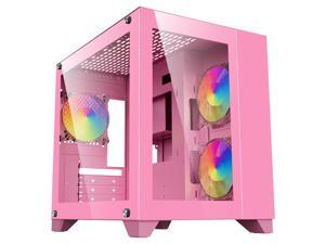 DIYPC ARGB-Q3-Pink Pink USB3.0 Tempered Glass Micro ATX Gaming Computer Case w/ Dual Tempered Glass Panel and 3 x ARGB Fans (Pre-Installed)
