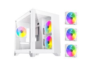 DIYPC ARGB-Q3.v2-W White USB3.0 Tempered Glass Micro ATX Gaming Computer Case w/ Dual Tempered Glass Panel and 3 x ARGB LED Fans (Pre-Installed)