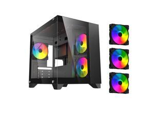 DIYPC ARGB-Q1.V2-BK Black USB3.0 Tempered Glass Micro ATX Gaming Computer Case w/Frameless Dual Tempered Glass Panel and 3 x ARGB 120mm Fans (Pre-Installed)