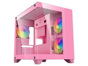 DIYPC ARGB-Q1.V2-P Pink USB3.0 Tempered Glass Micro ATX Gaming Computer Case w/ Dual Tempered Glass Panel and 3 x ARGB 120mm Fans (Pre-Installed)