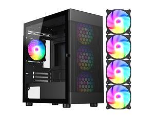 DIYPC ARGB-G5-BK Black USB3.0 Tempered Glass Micro ATX Gaming Computer Case w/ 4 x ARGB Fans (Pre-Installed), Support 360mm AIO