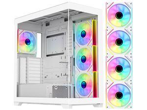DIYPC  Vanguard-F2-W -White Dual USB3.0 and Type C Tempered Glass ATX Full Tower Gaming Computer Case w/ 4 x 140mm ARGB PWM Fans (3 x MB Side, 1 x Rear) Pre-Installed. Support BTF Back Plug MB.