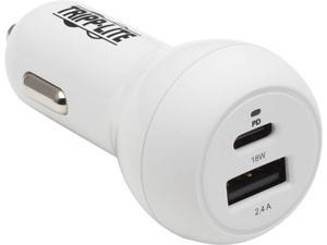 Dual-Port USB Car Charger - 30W PD Charging, USB-C (18W) & USB-A (12W), USB-C to Lightning Cable, White