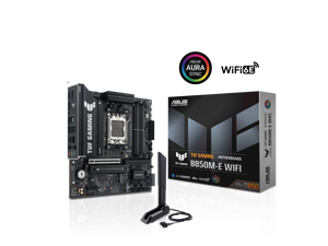 ASUS TUF GAMING B850M-E WIFI AMD B850 mATX motherboard, 8+2+1 80A DrMOS power stages, DDR5, PCIe 5.0, 3 M.2 slots, WiFi 6E, 2.5Gb Ethernet, DisplayPort, HDMI, rear USB-C 10Gbps and front USB-C 5Gbps