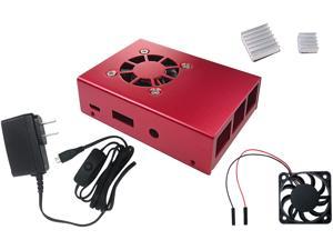 Micro Connectors RAS-PCS04PWR-RD Aluminum Raspberry Pi 3 Case for Model B/B+ with Fan, Heatsinks and UL Approved On/Off Power Adapter