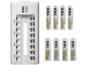 EBL AA AAA Rechargeable Batteries 4Pack 1100mAh  4Pack 2800mAh with 8 Bay Battery Charger for AA AAA NiCD NiMH Replacement Battery
