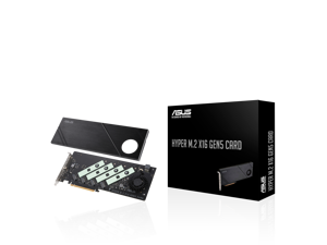 ASUS Hyper M.2 x16 Gen5 Card (PCIe 5.0/4.0) supports four NVMe M.2 (2242/2260/2280/22110) devices up to 512 Gbps for AMD and Intel® platform RAID functions.