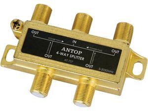 ANTOP Coaxial Splitter 4 Way 2GHz- 5-2050MHz - Low-loss RF Splitter for TV and Satellite - 18K Gold-plated chassis - All Port DC Power Passing ANTOP Coaxial Splitter 4 Way 2GHz- 5-2050MHz - Low-loss RF Splitter for TV and Satellite - 18K Gold-plated chassis - All Port DC Power Passing