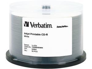 Verbatim CD-R 80MIN 700MB 52X DataLifePlus White Inkjet Printable, Hub Logo, 50pk Spindle