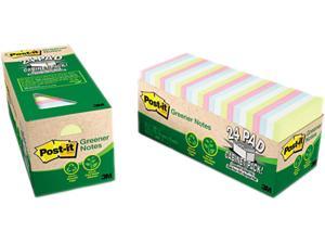 Post-it Greener Notes 654R-24CP-AP Recycled Notes, 3 x 3, Pastel, 24 75-Sheet Pads/Pack