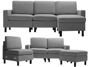Waleaf Convertible Sectional Sofa with Reversible Chaise, L-Shape  3-seater Sofa Couch with Modern Linen Fabric, Living Room Indoor Sleeper with Ottoman Set for Small Space (Light Grey)