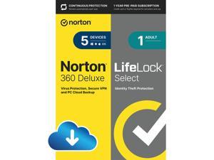 Norton 360 (5 Devices) with LifeLock Select (1 Adult), All-in-one protection for your devices, privacy, and identity | 1 Year Auto-Renewing Subscription [Download]