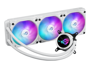 ASUS ROG Strix LC III 360 ARGB White Edition all-in-one CPU liquid cooler with 360° rotatable water block, Asetek's new Gen7 v2 pump, premium ROG ARGB fans, and 10+ custom Aura lighting effects