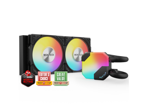 MONTECH HyperFlow ARGB 240 - AIO CPU Liquid Cooler, Intel&AMD Compatible, Chart-Topping Performance, Enhanced 3100RPM Water Pump Design, 2X Metal Pro 12 ARGB Ultimate Cooling Fans - Black