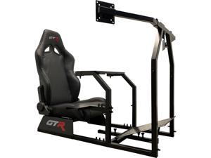 GTR Simulator GTAF-S-S105LBK - GTA-F Model (Silver) Triple or Single Monitor Stand with Black Adjustable Leatherette Seat, Racing Simulator Cockpit Gaming Chair Single Monitor Stand