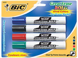 BIC DECP41-ASST Great Erase Bold Dry Erase Markers, Chisel Tip, Assorted, 4/Set BIC DECP41-ASST Great Erase Bold Dry Erase Markers, Chisel Tip, Assorted, 4/Set