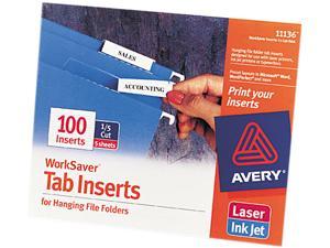 Avery 11136 Printable Inserts for Hanging File Folders, 1/5 Tab, Two Inch, White, 100/Pack