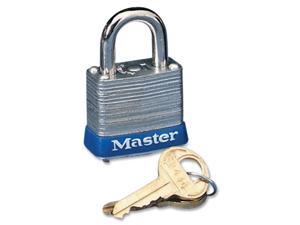 Master Lock                              Four-Pin Tumbler Lock, Laminated Steel Body, 1-1/2" Wide, Silver/Blue, Two Keys