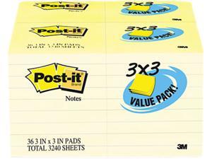 Post-it 654-36VAD90 Note Pad, 3 x 3, Canary, 100 Sheets, 36/Pack