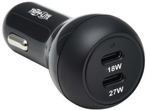 Tripp Lite U280-C02-45W-2B Black Dual-Port USB-C Car Charger with 45W PD Charging - USB-C (27W), USB-C (18W), Black
