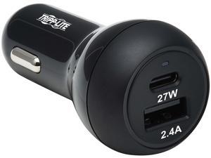 Tripp Lite U280-C02-39W-1B Black Dual-Port USB Car Charger with 39W Charging - USB-C (27W) PD 3.0, USB-A (12W), Black