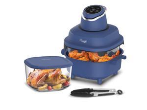 Rosewill 4-in-1 Portable Glass Air Fryer, 4.7QT Transparent Glass Cooking Pot with Storage Lid & Tongs, Compact Smart for Deep Roast, Recrisp, Keep Warm – Navy Blue
