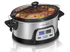 Hamilton Beach Sear & Cook Stock Pot Slow Cooker with Stovetop Safe Crock,  Large 10 Quart Capacity, Programmable, Silver (33196)