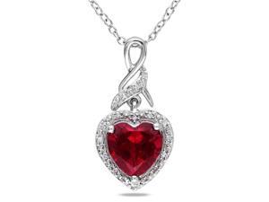 Amour Collections Diamond and Created Ruby Heart Pendant w/ Silver Chain