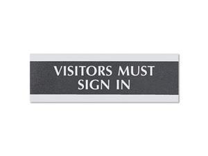 Century Series Office Sign, Visitors Must Sign In, 9 x 1/2 x 3, Black/Silver