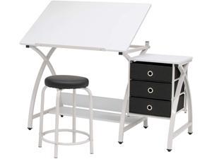 Offex 2 Piece Venus Craft Table with Angle Adjustable Top and 20.5"H Matching Padded Stool, White/White - Great for Home, Office