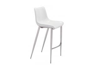 Zuo Contemporary Magnus Bar Chair with Soft Curve Seat and Brushed Stainless Steel Legs - White & Silver Zuo Contemporary Magnus Bar Chair with Soft Curve Seat and Brushed Stainless Steel Legs - White & Silver