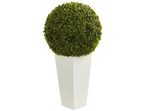 Indoor/Outdoor 28" Boxwood Topiary Ball Artificial Plant in White Tower Planter Indoor/Outdoor 28" Boxwood Topiary Ball Artificial Plant in White Tower Planter