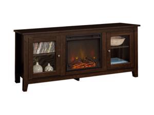 WE Furniture 58" Wood Console Media TV Stand with Fireplace - Traditional Brown