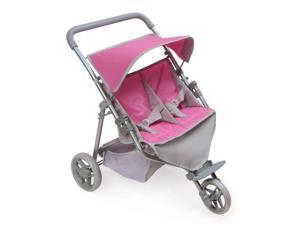Badger Basket Trek 3 Wheel Folding Twin Doll Jogging Stroller with Rubber Padded Handle - Gray and Pink Badger Basket Trek 3 Wheel Folding Twin Doll Jogging Stroller with Rubber Padded Handle - Gray and Pink