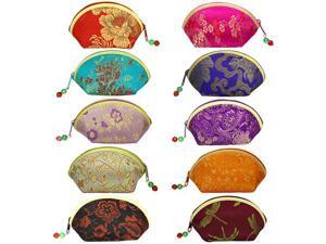 Silk Embroidered Brocade Oriental Fan Zipper Jewelry Coin Pouch Wallet Set of 10 Silk Embroidered Brocade Oriental Fan Zipper Jewelry Coin Pouch Wallet Set of 10