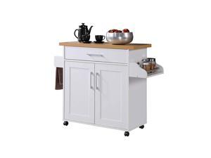 Hodedah Wheeled Kitchen Island with Spice Rack and Towel Holder, White/Beech