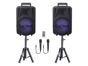 QFX Rechargeable Portable Bluetooth Speakers w/ Microphones and Stands, Set of 2