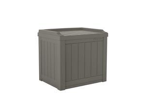 suncast 22gallon small deck box  lightweight resin outdoor storage deck box and seat for patio cushions, gardening tools and toys  stone gray