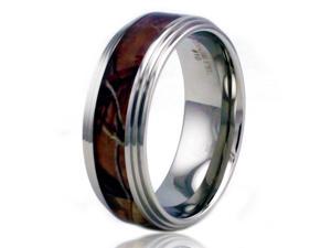 8mm Stainless Steel Camo Wood Design Inlay High Polish Ring w/ Step Down Edge