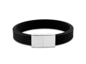 Tioneer EB32381-825 Stainless Steel Magnetic Clasp Racing Stripe Black Silicone Rubber Wristband Bracelet